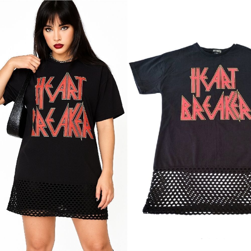 Y2K Hot Topic Black Pink Heart Breaker Print Mesh Hem TShirt Mini Dress Small